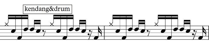 Notasi 2. 12 pattern birama 119-120 Kemudian ditirukan oleh kendang dan dimainkan bersamaan dengan drum pada birama ke 121-123. Notasi 2.