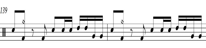 Notasi 2. 16 patern birama 139-140 Pada birama ke 141 ketukan ke 4 terdapat triplet pada snare drum. Notasi 2. 17 fill in birama 141 drum.