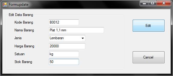 56 Gambar 4.25 Tampilan pada Form Edit Barang Form barang baru digunakan jika user ingin menambah data untuk sebuah barang baru, maka akan muncul form seperti gambar 4.