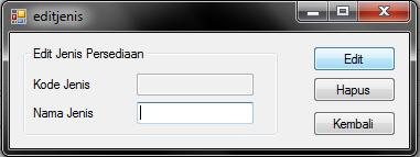 64 Gambar 4.37 Message Box Gagal pada Button Simpan Transaksi i. Form Update Jenis Persediaan Gambar 4.38 Form Update / Hapus Jenis Persediaan Form ini ditujukan untuk membuat jenis persediaan baru.