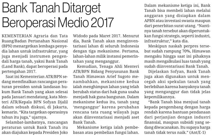 Judul Bank Tanah Ditarget Beroperasi Medio 2017 Tanggal Media Media Indonesia (Halaman, 18)