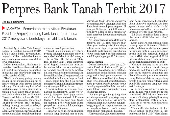 Judul Perpres bank tanah terbit 2017 Tanggal Media Investor Daily (Halaman, 22) Resume Pemerintah