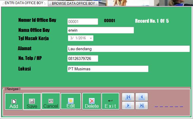 62 IV.1.5. Tampilan Form Office Boy Tampilan ini merupakan tampilan Form data office boy, berfungsi untuk mengelola data identitas office boy.