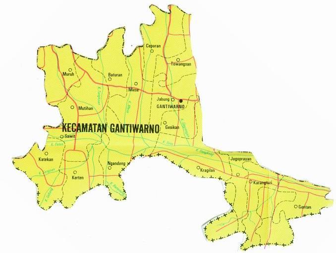 Secara administratif Kecamatan Gantiwarno terdiri dari 16 desa yaitu Desa Muruh, Desa Baturan, Desa Mlese, Desa Ceporan, Desa Tuwangsan, Desa Jabung, Desa Mutihan, Desa Sawit, Desa Geneng, Desa
