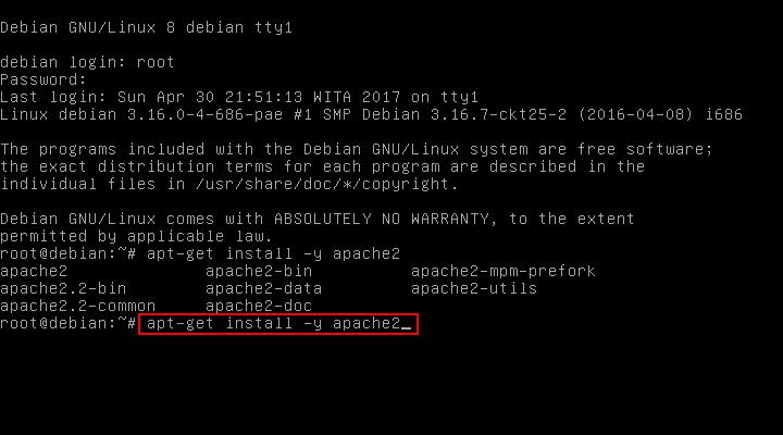 INSTALASI DAN KONFIGURASI WEB SERVER DEBIAN 1. Pertama, booting dengan debian server Anda dan login sebagai root. 2. Setelah itu, maukkan DVD 1 Debian 8.