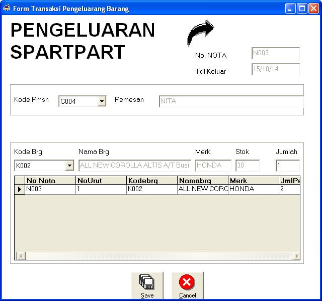Input Transaksi Pemasukan Spartpart Gambar 4.10 : Form Transaksi Pengeluaran Spartpart Keterangan gambar 4.