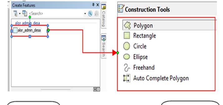 Digitasi dan Editing Data Construction tools Polygon Polygon : digunakan untuk membuat segment polygon dari vertex hasil klik pada mouse.