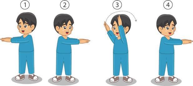 b. Gerakannya 1) Hitungan 1 : Kedua lengan diayunkan ke kiri. 2) Hitungan 2 : Kedua lengan diayunkan ke kanan. 3) Hitungan 3 : Kedua lengan diayun melingkar satu lingkaran ke kiri di atas kepala.