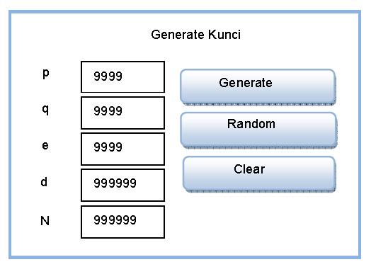 Form Generate Kunci Publik dan Private Form ini digunakan untuk men-generate kunci dengan memasukkan bilangan prima kemudian menekan tombol generate. Pengguna juga bisa menggunakan tombol random.