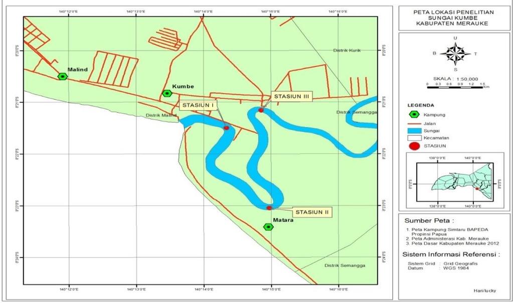 METODE PENELITIAN Lokasi dan waktu Penelitian ini dilakukan di Sungai Kumbe kawasan Distrik Malind, Kabupaten Merauke, berlangsung selama 4 (empat) bulan yaitu bulan Oktober 2014 sampai dengan