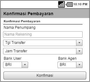 Gambar 3.57 Antarmuka konfirmasi pembayaran travel 3.8.1.1.6. Registrasi Penumpang Antarmuka ini digunakan untuk registrasi penumpang.