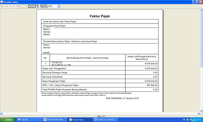 Gambar 8 Faktur pajak yang siap diprint Sumber : Data diambil dari PT.