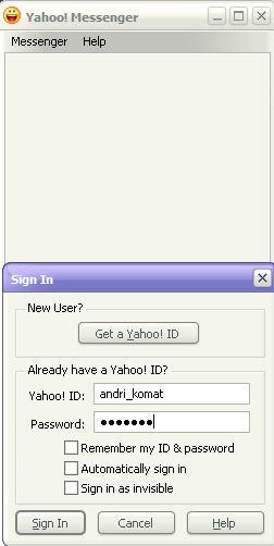 Tunggulah sampai muncul layar berikut: Yahoo ID : ketikkan email Anda Password :