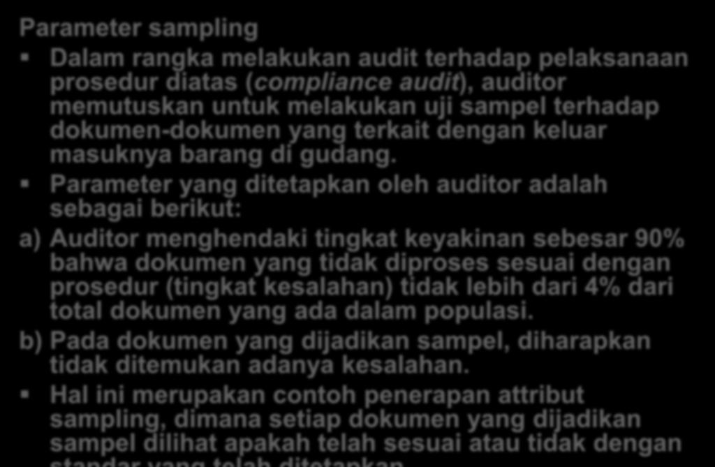 Contoh Kasus (Attribut Sampling) Parameter sampling Dalam rangka melakukan audit terhadap pelaksanaan prosedur diatas (compliance audit), auditor memutuskan untuk melakukan uji sampel terhadap