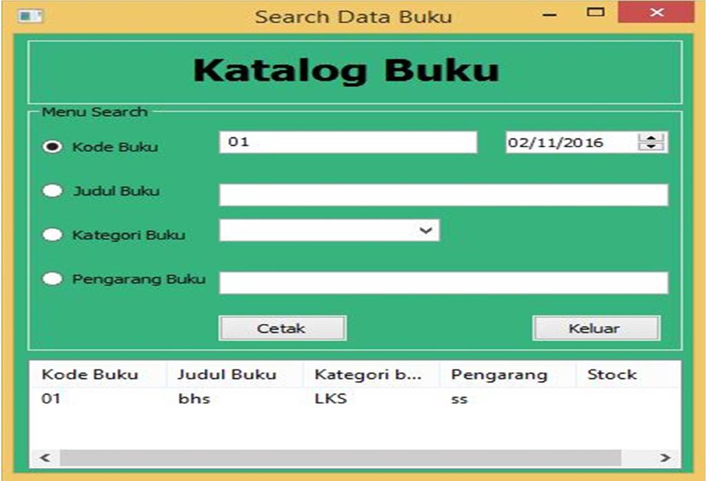 h. Form Search Data Buku Katalog buku atau form search buku untuk mencari buku