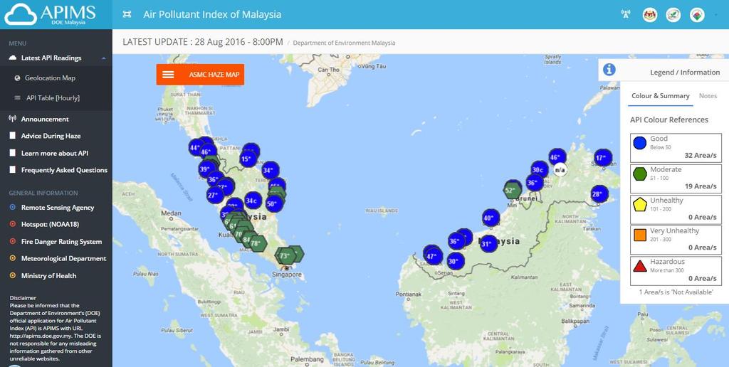 2) Kualitas udara Malaysia (http://apims.doe.gov.my/v2/) Kualitas udara diwilayah Malaysia pada tanggal 28 us 2016 jam 08.