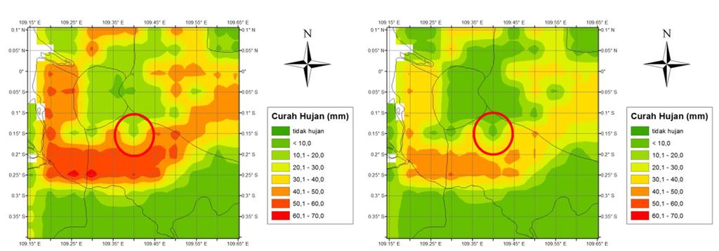 (a) (b) (c) Gambar 8. Peta plot estimasi curah hujan dalam satu jam dengan metode CST (a) dan mcst (b) serta observasi GSMaP (c) di wilayah Pontianak pada tanggal 14 Oktober 2014 jam 09.00 UTC 10.
