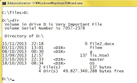 mengetikkan perintah copy C:\files\file2.docx D:\ untuk menyalin file file2.