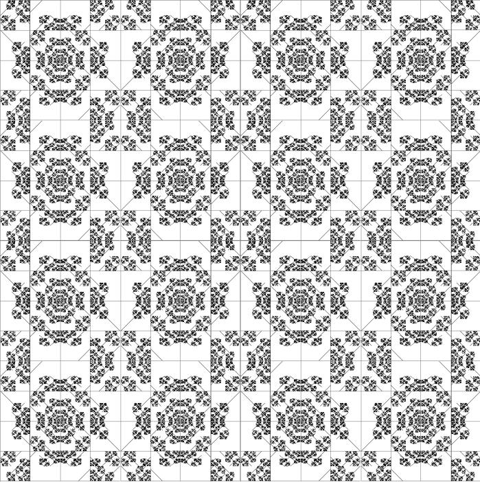 Gambar 23. Obyek fraktal motif batik hasil pengubinan empat gambar-22 (pengubinan fase dua) Hasil rancangan motif batik pengubinan fase dua dapat dilanjutkan ke fase tiga.