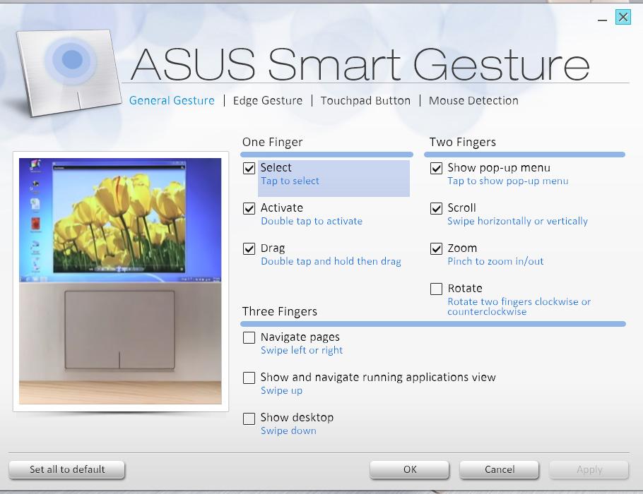 3. Pada jendela ASUS Smart Gesture, centang gerakan yang ingin Anda gunakan dalam Tiga Jari. 4.