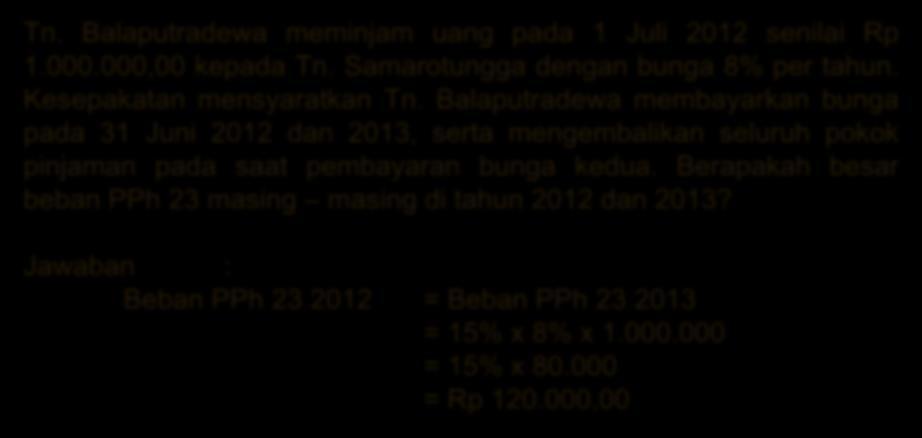Ilustrasi Tn. Balaputradewa meminjam uang pada 1 Juli 2012 senilai Rp 1.000.000,00 kepada Tn. Samarotungga dengan bunga 8% per tahun. Kesepakatan mensyaratkan Tn.