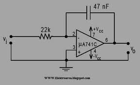 Rangkaian dasar sebuah integrator adalah rangkaian op-amp inverting, hanya saja rangkaian umpanbaliknya (feedback) bukan resistor melainkan menggunakan capasitor C.