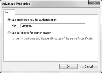 6. Setelah itu, tekanlah tombol Advanced settings pada tab security dan isilah text box Use preshared key for authentication sesuai dengan psk pada setting vpn