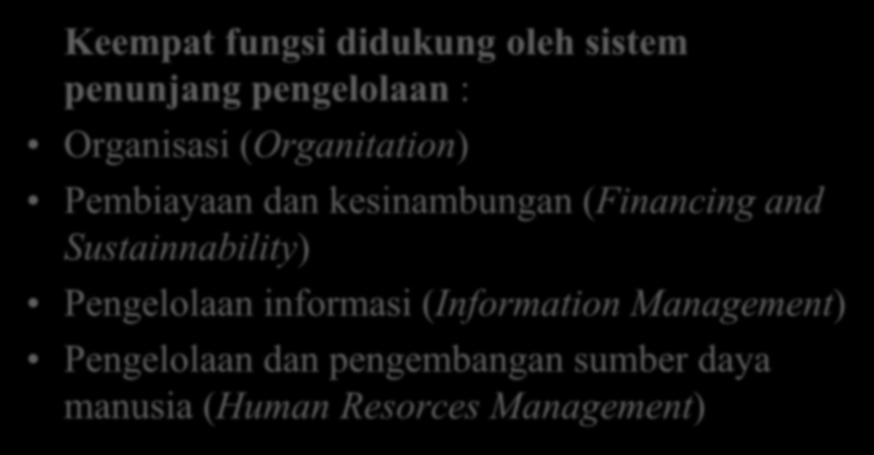 Keempat fungsi didukung oleh sistem penunjang pengelolaan : Organisasi (Organitation) Pembiayaan dan kesinambungan (Financing and