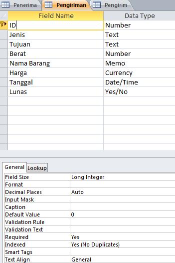 Gambar 3.8 Tampilan Design View Tabel Pengiriman Pada tampilan datasheet tabel pengirim tersebut berisikan data pengirim yang telah diinputkan petugas.