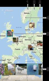 1 Melihat foto yang diberi geotag pada tampilan Globe 2 Mencari lokasi pada peta. 3 Lihat opsi menu 4 Ketuk dua kali untuk memperbesar. Cubit untuk memperkecil.