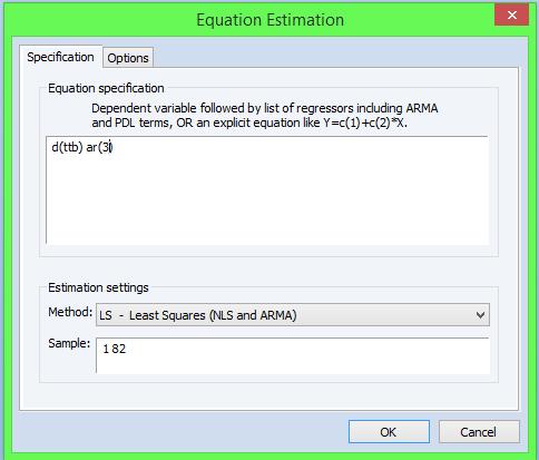 b. Uji Signifikansi Pengujian uji signifikansi dilakukan pada seluruh model tebakan ARIMA, dengan langkah langkah: 1. Klik Quick > Estimation Quation pada tampilan utama 2.