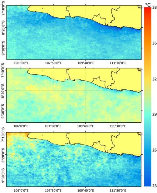 A D B E C F Gambar 3. Sebaran Spasial Suhu Permukaan Laut Musim Timur (a) Tahun 2012, (b) Tahun 2013, (c) Tahun 2014.