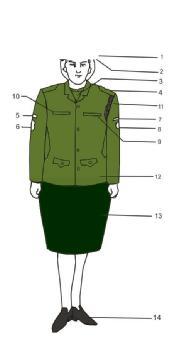Sarung tangan warna hijau Gb. 56 : Profil Pakaian Dinas Upacara (PDU) Wanita 1. Baret 2. Emblim SPORC 3. Sal warna merah 4. Tanda pangkat 5. Nama Brigade 6. Tanda Brigade 7. Tanda Dephut (Pusat) 8.
