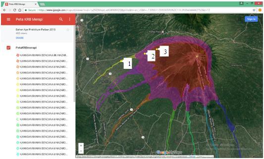 Gambar 1 Peta Kawasan Rawan Bencana Gunung Merapi Gambar 2 Titik lokasi penelitian diamabil dengan menggunakan aplikasi Google Maps Keterangan :