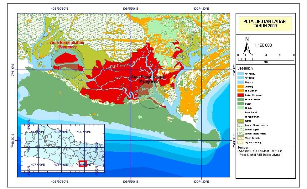 Gambar 19 Peta liputan lahan Kabupaten Cilacap tahun 2009 Berdasarkan ketiga peta tersebut diperoleh luasan kawasan mangrove yaitu: tahun 2005 seluas 14.502,55 Ha; tahun 2007 seluas 9.