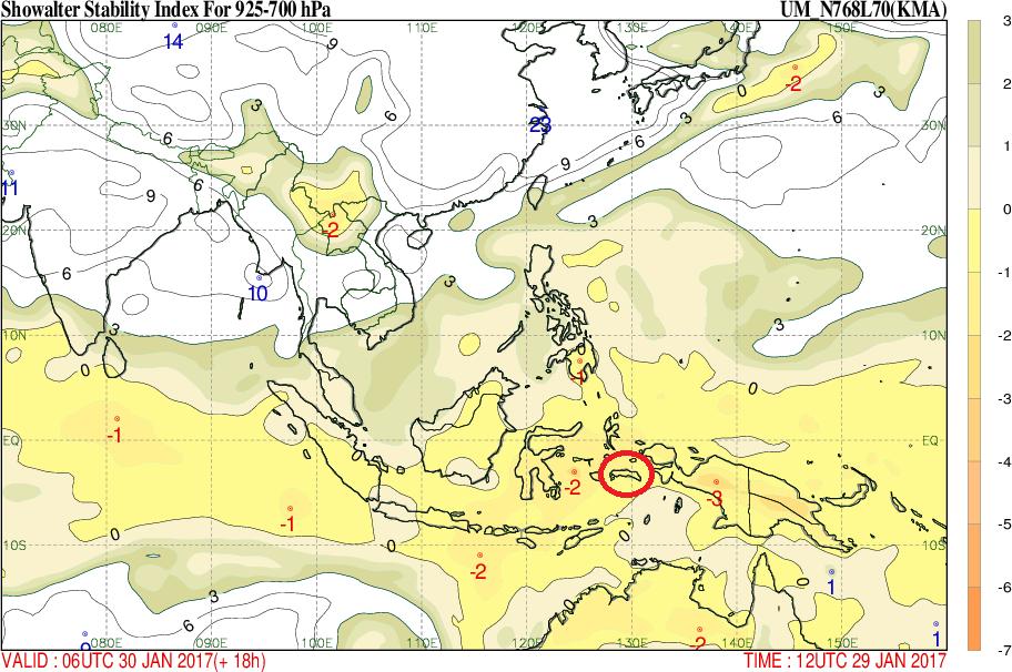 Nilai Showalter Indeks yaitu -1 yang mengindikasikan kemungkinan terjadi badai guntur. Gambar 12. Showalter Indeks jam 06.00 UTC tanggal 30 Januari 2017 B.