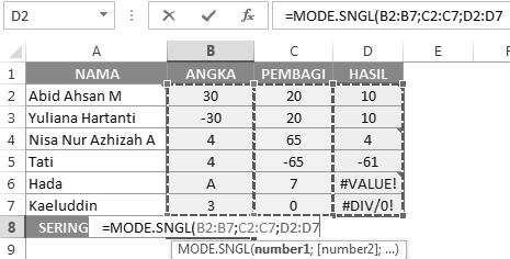 Sediakan worksheet yang memiliki data sebagai berikut. Gambar 12.181 Contoh data 2. Di sel B8 inputkan formula =MODE.