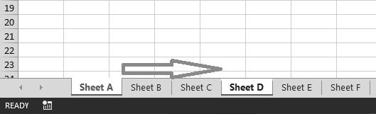 Untuk berpindah dari worksheet A menuju worksheet D menggunakan trik sebelumnya, maka Anda akan melewati beberapa worksheet hingga sampai ke worksheet tujuan.