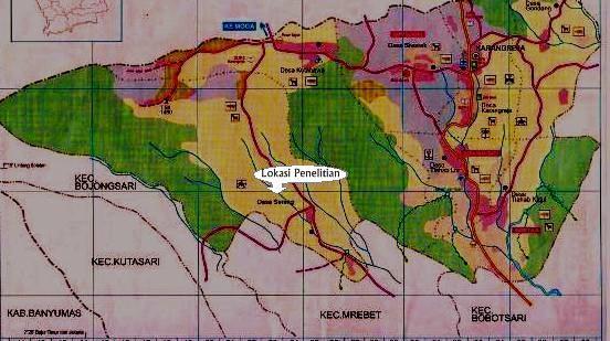lampiran 8. Peta lokasi penetitian (desa serang) Keterangan : Lokasi penelitian Desa Serang Hutan pinus terletak pada posisi 07 0 4 36.