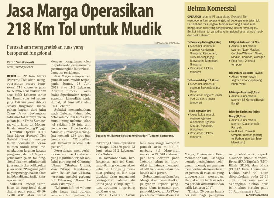Judul Jasa Marga Operasikan 218 Km Tol untuk Mudik Tanggal Media Koran Tempo (Halaman, 20) PT Jasa Marga
