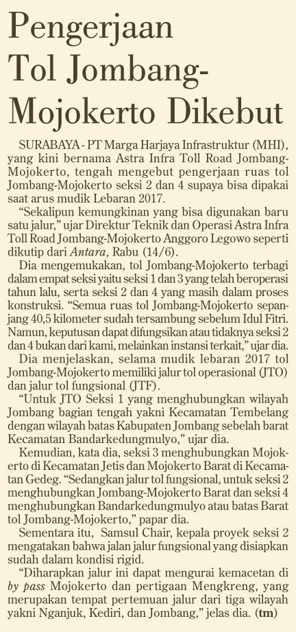 Judul Pengerjaan Tol Jombang Mojokerto Dikebut Tanggal Media Investor Daily (Halaman, 23) PT Marga Harjaya