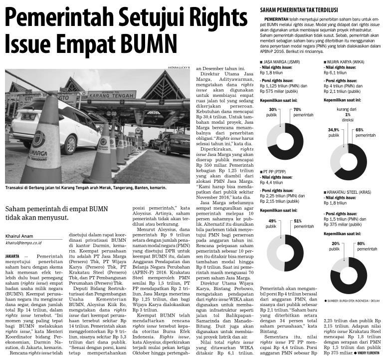 Judul Pemerintah Setuji Rights Issue Empat BUMN Tanggal Media Koran Tempo (halaman 15) Pemerintah