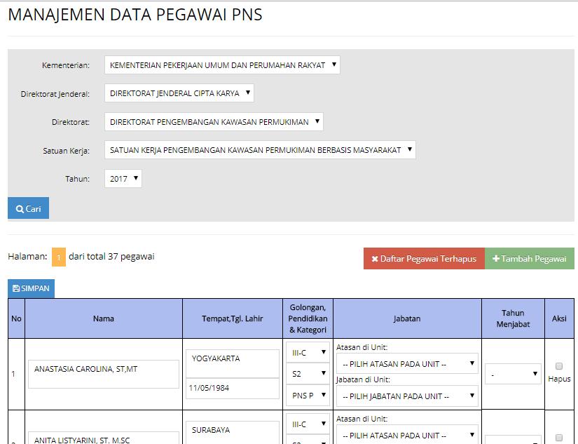GAMBAR 60 Tampilan Manajemen Data Pegawai PNS Untuk menambahkan data Pegawai klik tombol Hijau Tambah Pegawai Isikan data pegawai secara lengkap Tekan Tombol Simpan.