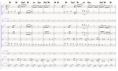 Sedangkan pergerakan akord dapat dilihat pada instrumen piano yaitu akord Fm, Cm dan B b. Gambar 10.bagian F.