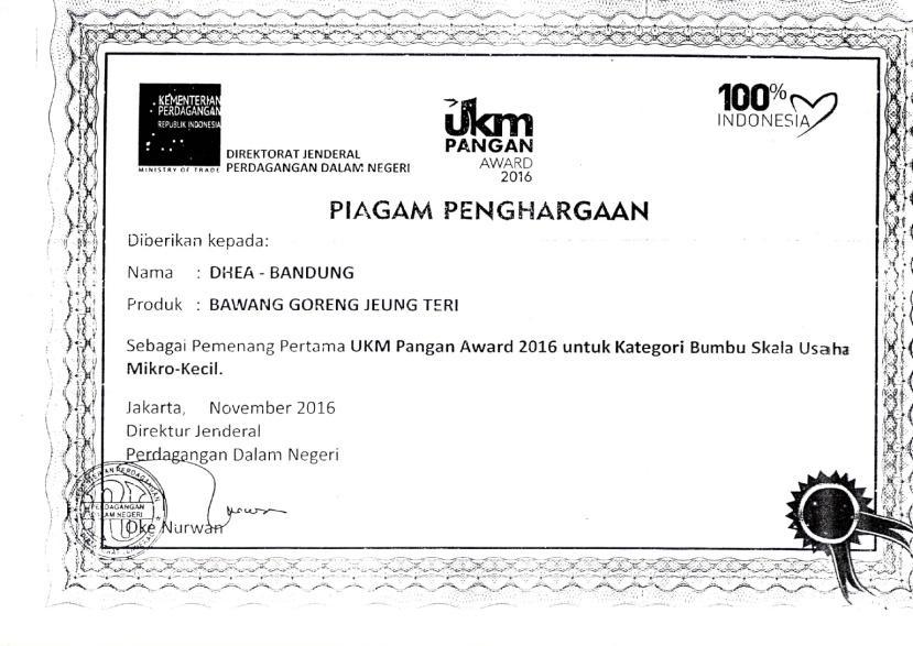2. Piagam Pengahargaan UKM Pangan Awarg 2016 dari Kementerian Perdagangan bagi IK RESTU MANDE dengan Produk Randang Padang sebagai Runner-Up kategori Makanan