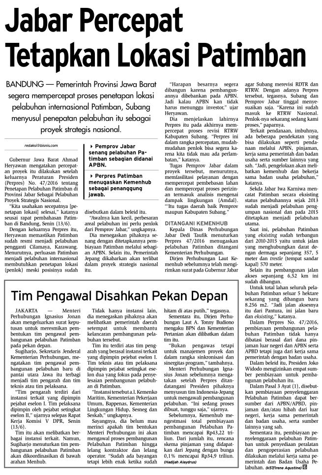 Judul Jabar Percepat Tetapkan Lokasi Patimban Tanggal Media Bisnis Indonesia (Halaman 28) Selasa, 14 Juni Pemprov Jawa Barat segera