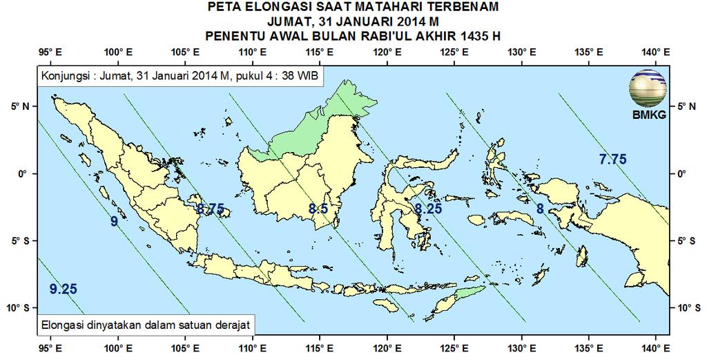 Peta Elongasi Pada Gambar 4 ditampilkan peta elongasi untuk pengamat di Indonesia saat matahari terbenam tanggal 31 Januari 2014.