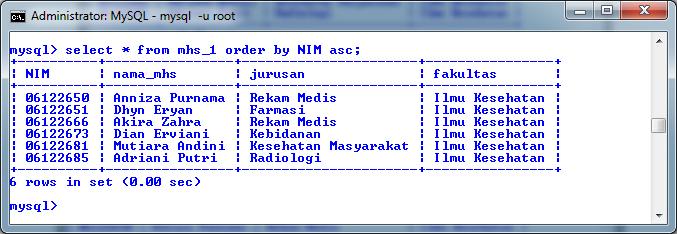 Select * From mhs_1 Order By NIM Asc; Select * From mhs_1 Order By NIM Desc; 3.