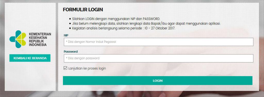 Selanjutnya aplikasi akan menampilkan halaman LOGIN yang meminta pegawai untuk memasukkan NIP