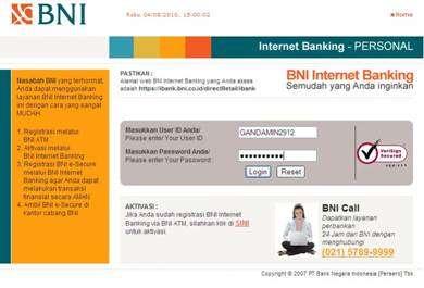 Halaman BNI Internet Banking akan menampilan menu awal BNI Internet Banking Personal, untuk login, pendaftar harus mempunyai user ID dan password BNI Internet Banking Personal.